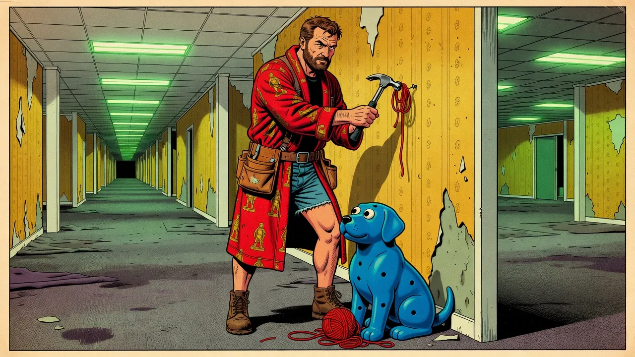 A bearded man in a red bathrobe hammers a nail into yellow wallpaper while a blue rubber dog with googly eyes sits at his boots with a ball of red yarn.