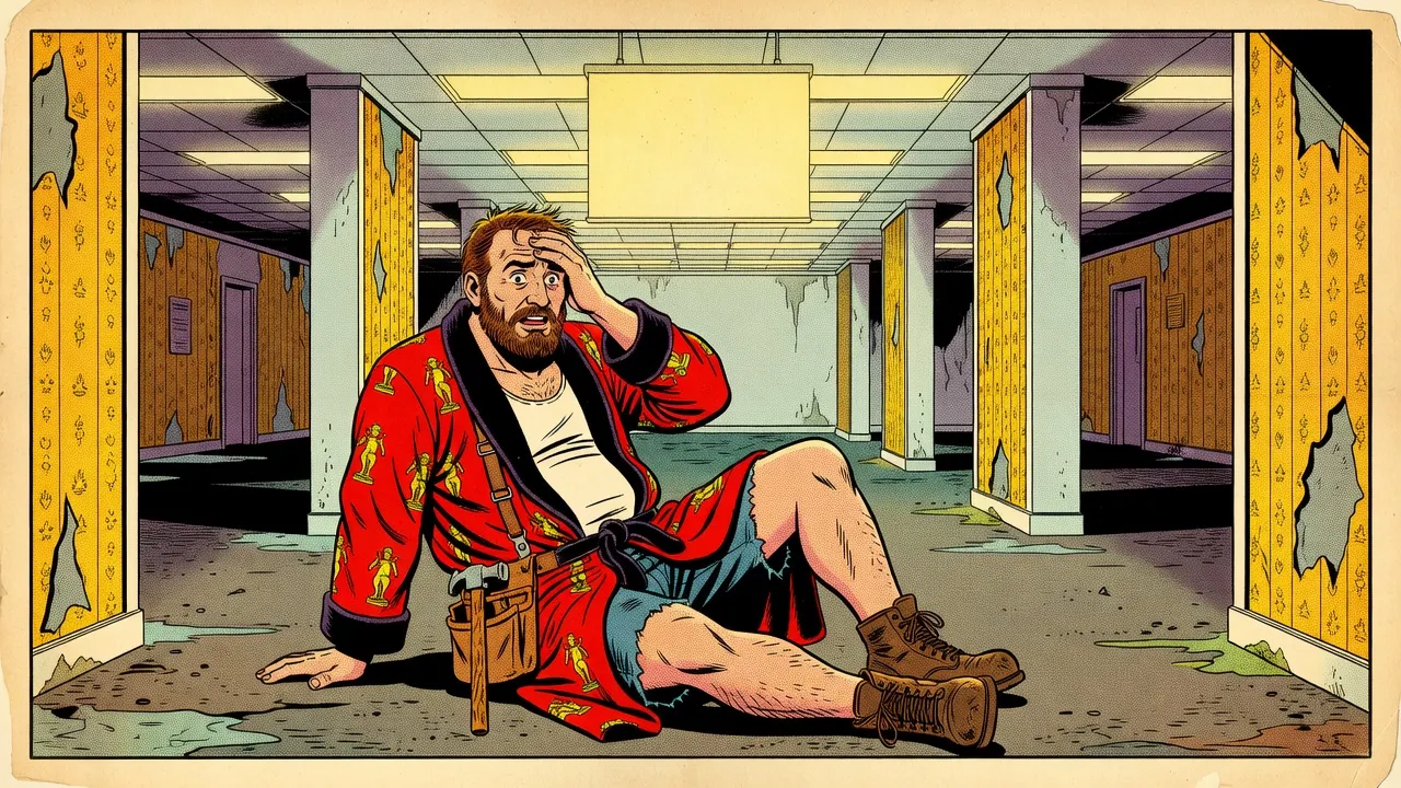 A heavyset bearded man in a red bathrobe and very short denim shorts sits up on gray carpet in a yellow-wallpapered hallway, staring at a pale yellow pane of light hanging in the air.