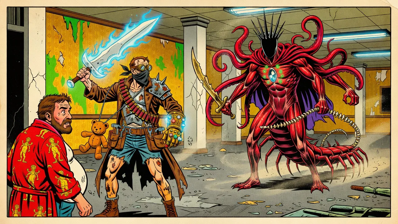 A lanky gunslinger in a leather duster swings a huge blue-flaming foam sword at a towering four-armed red demon on a centipede body, while a man in a red bathrobe peers round a corner.