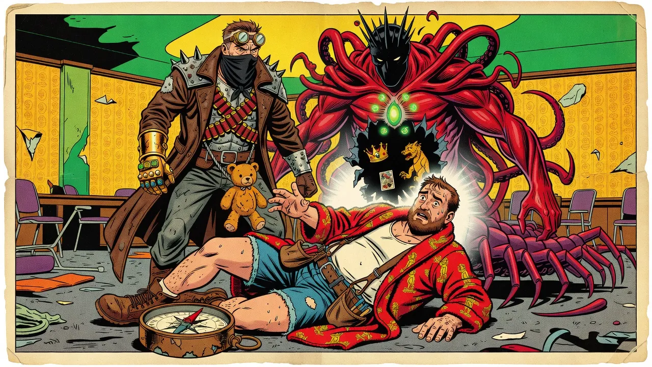 A battered bronze compass lies on gray carpet by the boots of a fallen man in a red bathrobe who reaches up toward a gunslinger with a teddy bear at his neck, while behind them a black rift glows in a red demon’s chest and a white flash begins.