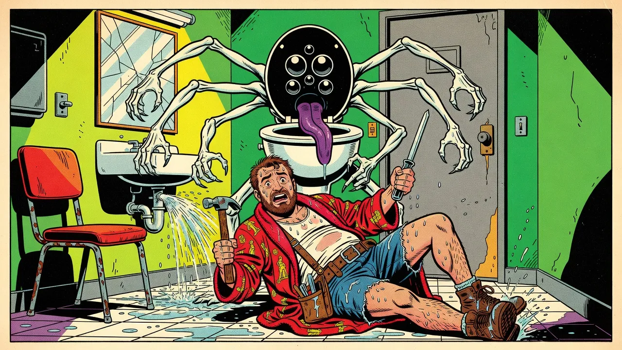 A six-armed, maggot-white creature with a porcelain toilet for a head looms over a man lying on a wet tiled floor in a lime-green restroom, a hammer in his hand.