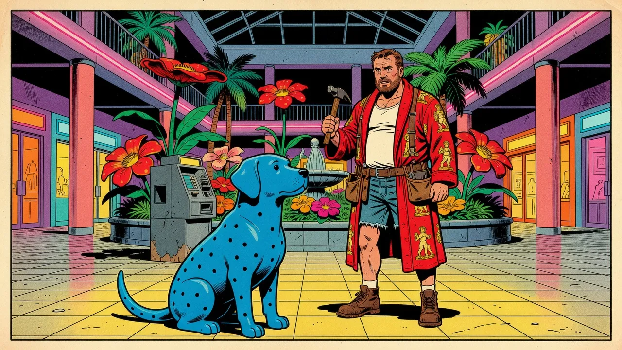 A dog made of glossy blue rubber with round holes and no eyes sits on the tiles of a neon-lit 1980s mall, facing a man in a red bathrobe who holds up a hammer.
