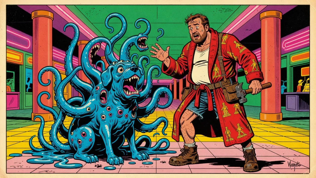 A blob of bright blue goop with tentacles, toothy mouths and many eyes rises from a mall floor as a man in a red bathrobe recoils in disgust.