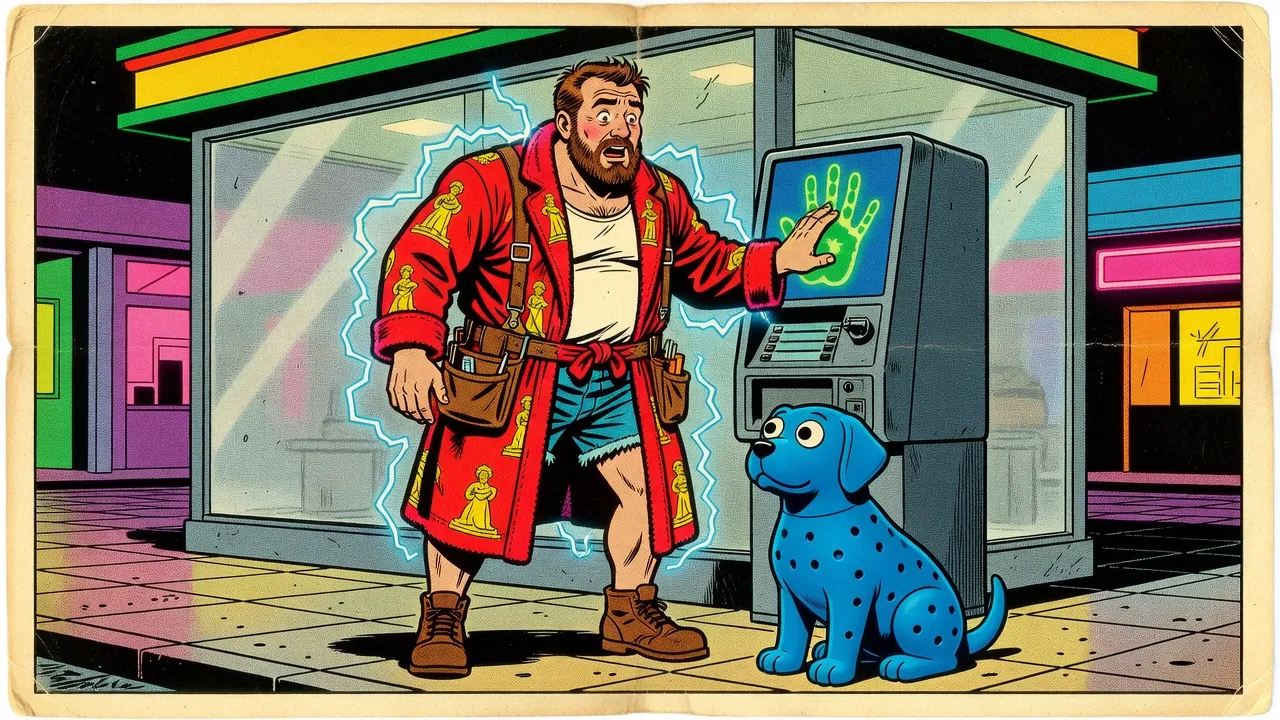A bearded man in a red bathrobe presses his palm to a glowing green handprint on a gray cash machine as blue electricity arcs over him, while a blue rubber dog with googly eyes watches.