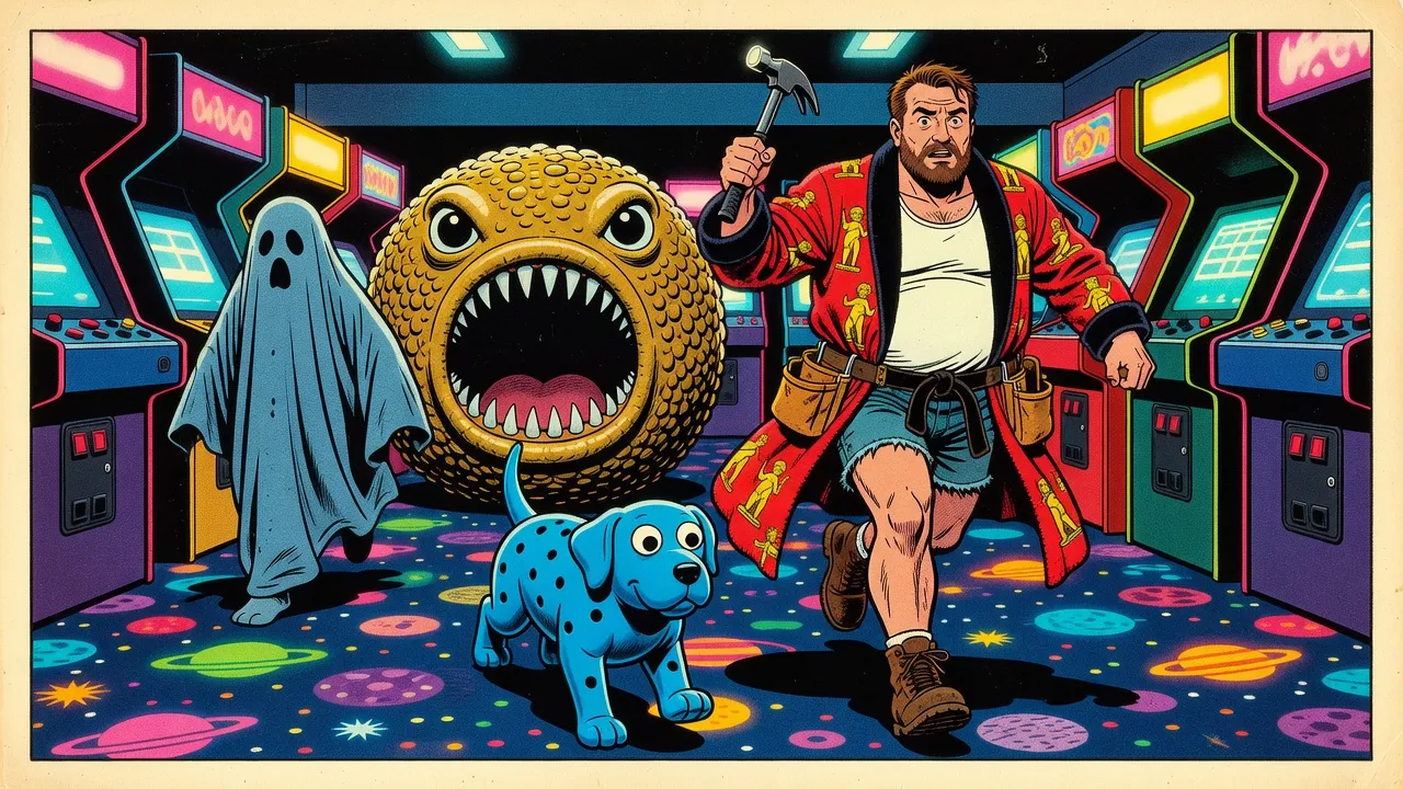 A car-sized yellow sphere with shark eyes and huge teeth rolls down an arcade aisle after a small figure in a bedsheet, while a bearded man in a red bathrobe and a blue rubber dog run toward the viewer.