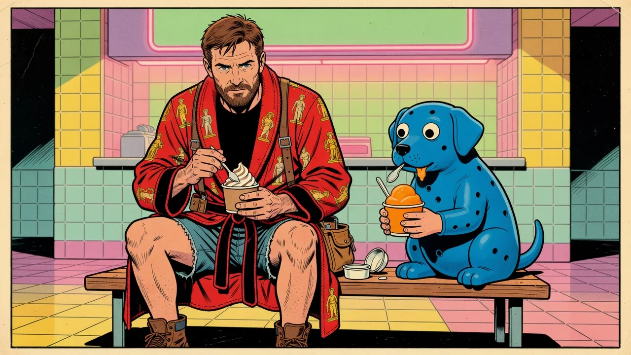 A bearded man in a red bathrobe and black T-shirt eats frozen yogurt on a mall bench beside a blue rubber dog holding a cup of orange sorbet in a pair of human hands.