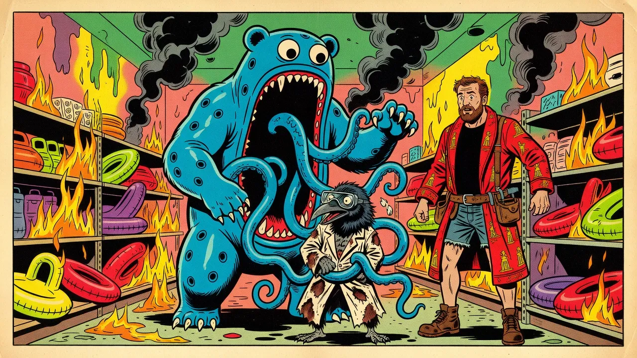 A bear-sized blue rubber monster with googly eyes and a huge fanged mouth in its belly seizes a raven-headed creature in a lab coat with its tentacles in a burning store aisle, while a bearded man stares.