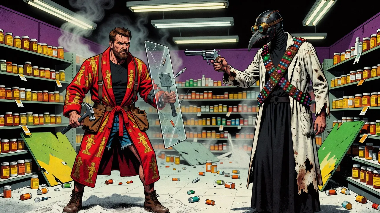 A rail-thin figure in a black cassock and raven-beaked plague-doctor mask fires a silver revolver at a bearded man advancing behind a sheet of clear plexiglass in a wrecked pharmacy aisle.
