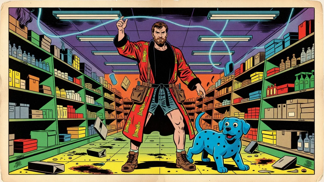 A bearded man in a red bathrobe traces a ribbon of glowing blue light through the air with one finger as boxes tumble from the shelves of a dim store around him and a blue rubber dog with googly eyes watches.