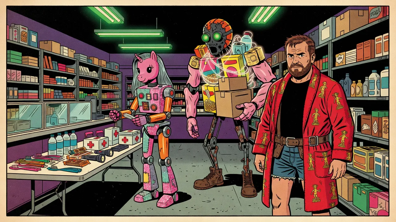 A glittering robot made of toy parts with a pink pony’s head packs survival kits at a table beside a hulking golem of cereal boxes and doll parts, watched by a bearded man in a red bathrobe.