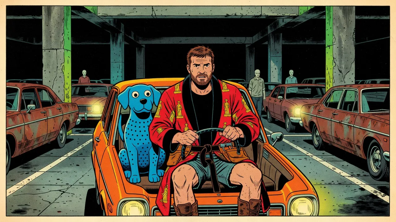 A bright orange 1970s hatchback with its headlights on crawls through a concrete parking garage, a bearded man in a red bathrobe at the wheel and a blue rubber dog with googly eyes sitting up beside him, while pale faceless figures stand among the pillars.