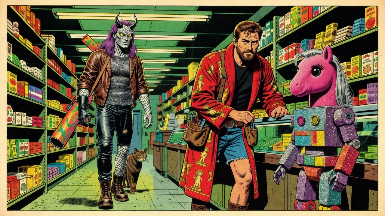 A tall man covered in pale white serpent scales, with violet hair, black horns and a graffiti-sprayed bazooka on his back, walks warily down a store aisle toward the checkout, where a bearded man in a red bathrobe and a glittering robot with a pink pony’s head wait.