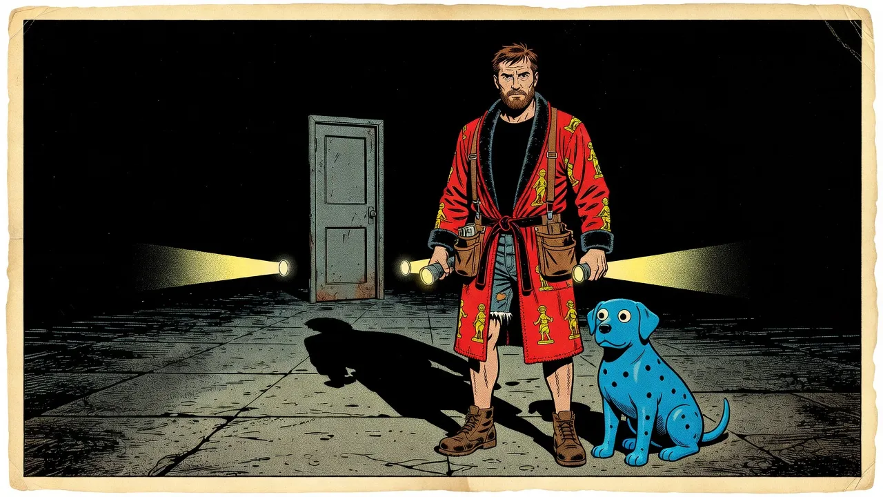 In total darkness a man with two flashlights and a blue rubber dog stand before a lone metal door standing upright on bare concrete with no wall around it.
