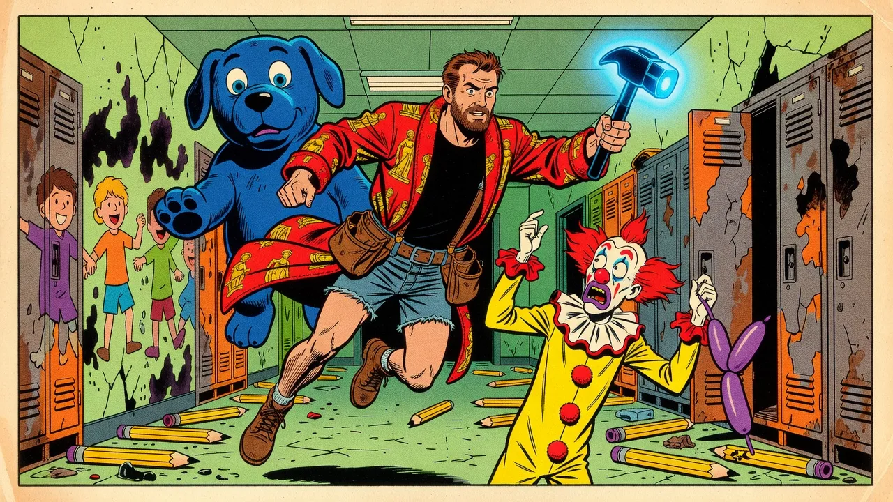 A bearded man in a flying red bathrobe hurtles through a ruined school hallway swinging a heavy glowing blue hammer at a startled clown in a yellow suit, as a huge blue rubber dog rears behind.