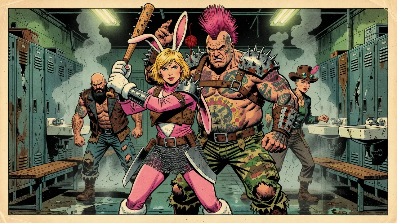 A woman in a pink bunny suit with white paws raises a nail-studded bat as a tattooed brute with a pink Mohawk holds a ball of red yarn above her, two more gang members circling behind, in a steamy locker room.