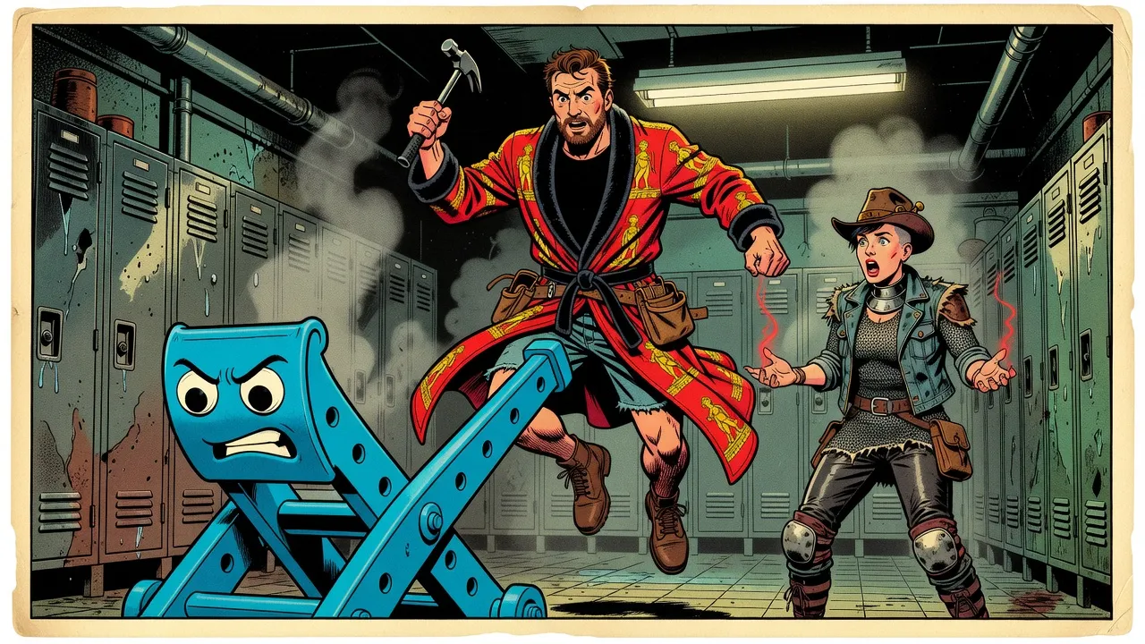 A blue rubber catapult with googly eyes and angry eyebrows flings a bearded man in a red bathrobe through the air toward a woman in a steampunk hat whose red spell is fizzling out.