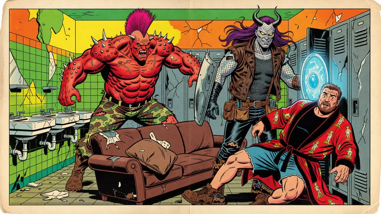A leather loveseat slams a huge red horned brute into a row of sinks as a scaled man with violet hair strides in behind a steel tower shield and a shield of blue light.
