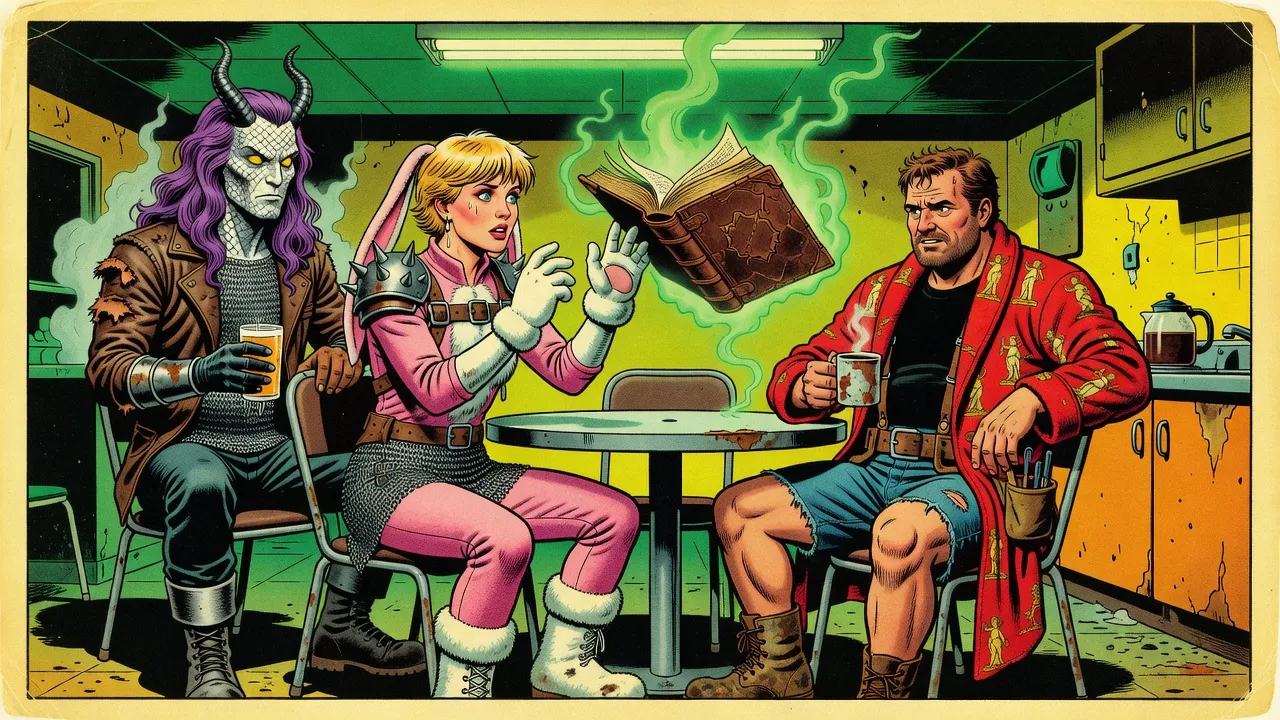 A woman in a pink bunny suit conjures a huge floating leather book glowing with green light over a breakroom table, as a bearded man holds a coffee mug and a scaled man with a beer sits beside him.