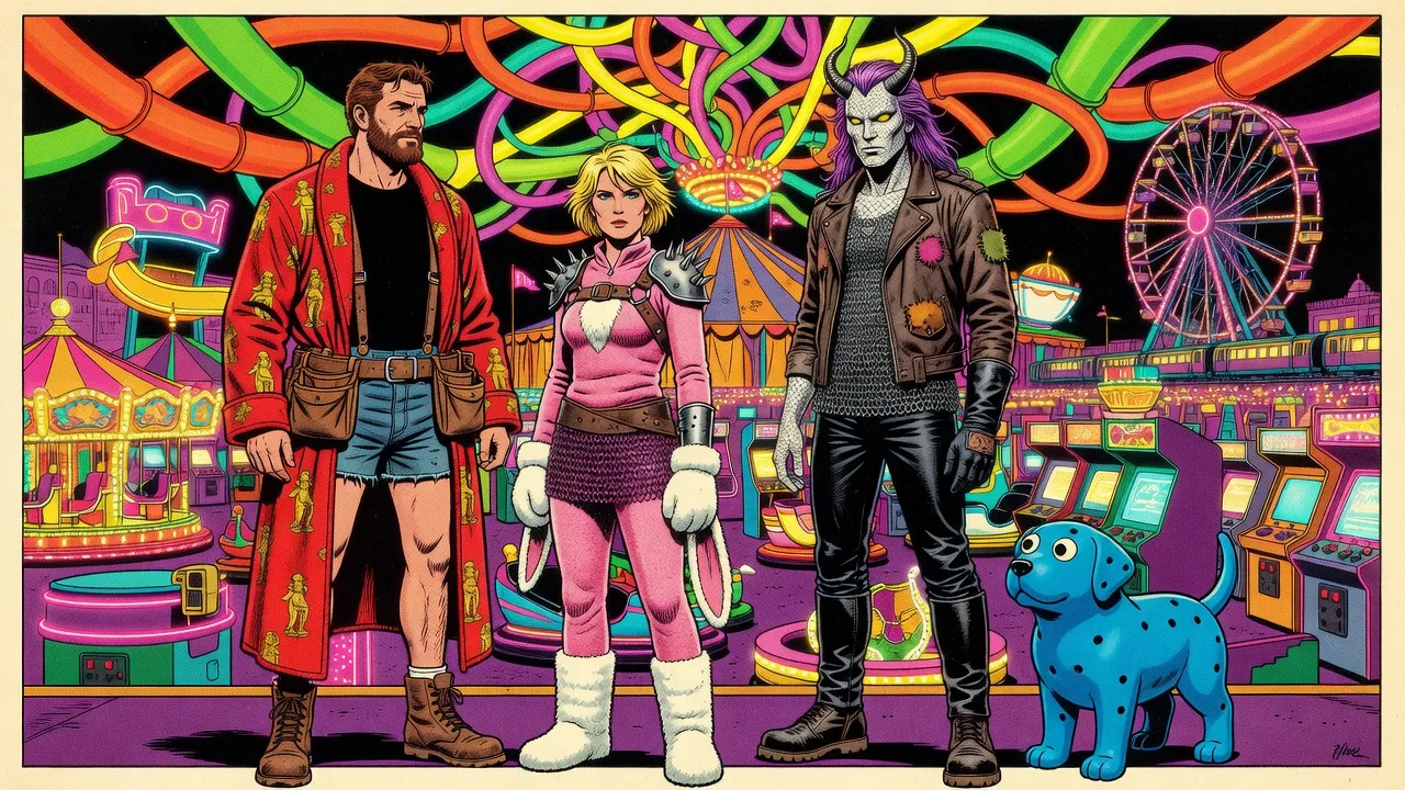 A bearded man in a red bathrobe, a woman in a pink bunny suit, a scaled man with violet hair and a blue rubber dog stand in front of a vast neon carnival city of arcade games and rides, a web of plastic play tubes overhead leading to a striped big top.