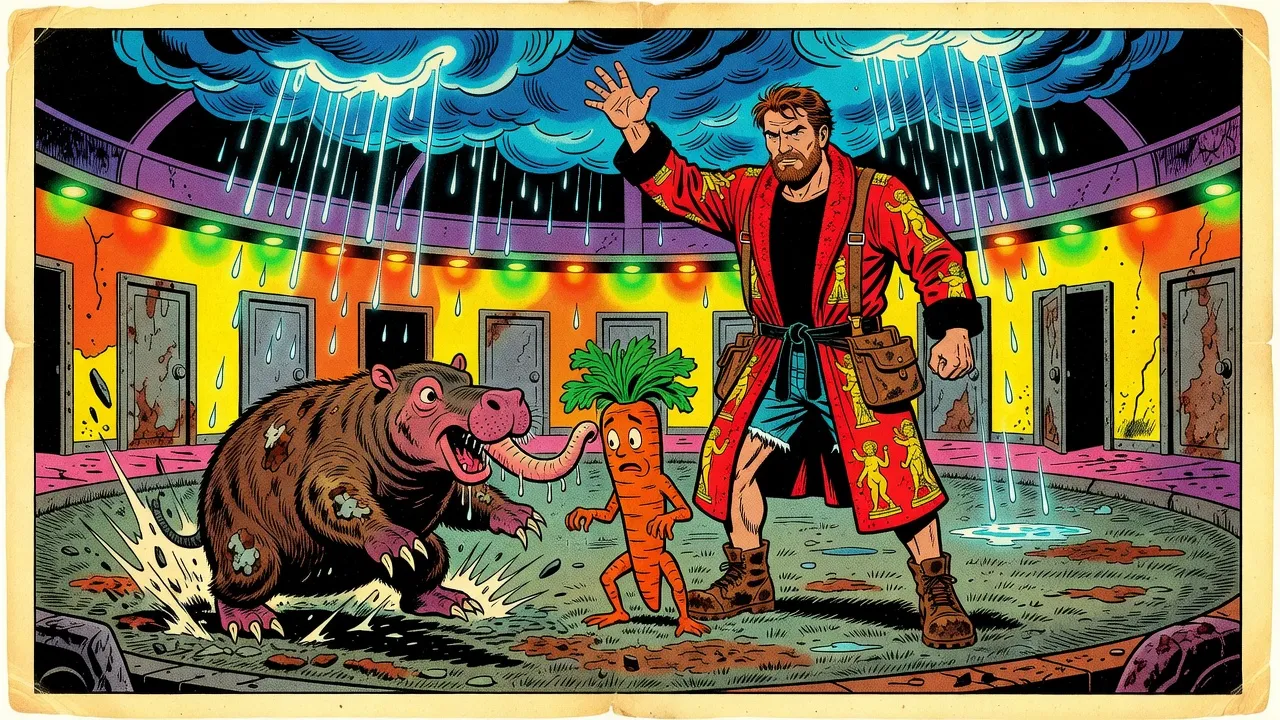 A hippo-sized mole with a trunk-like mouth bursts from the floor of a neon arena toward a cowering carrot-man with green hair, as a bearded man calls down a storm of glowing blue rain.