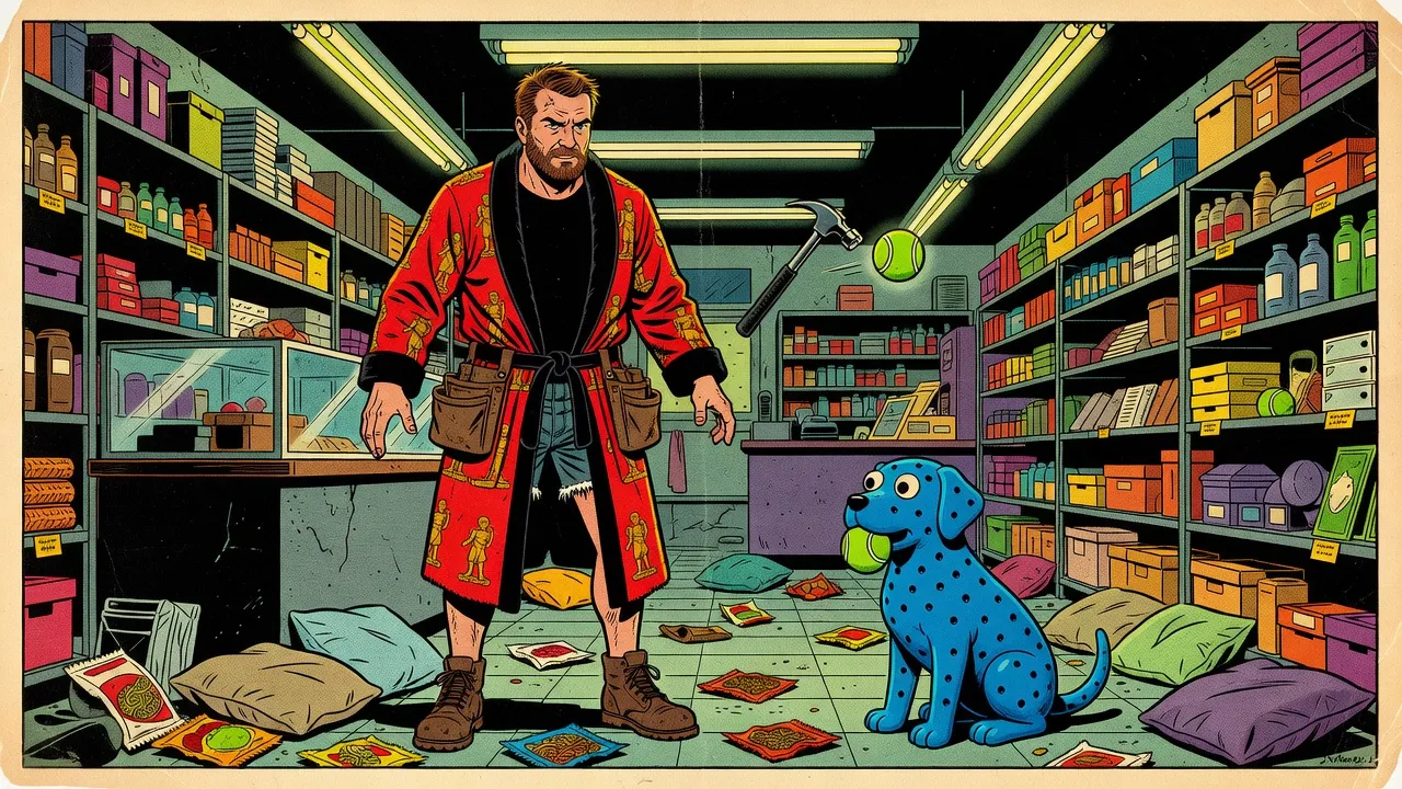 In a store aisle at night a bearded man in a red bathrobe concentrates as his hammer floats in midair and swats a tennis ball, while a blue rubber dog waits with another ball in its mouth.