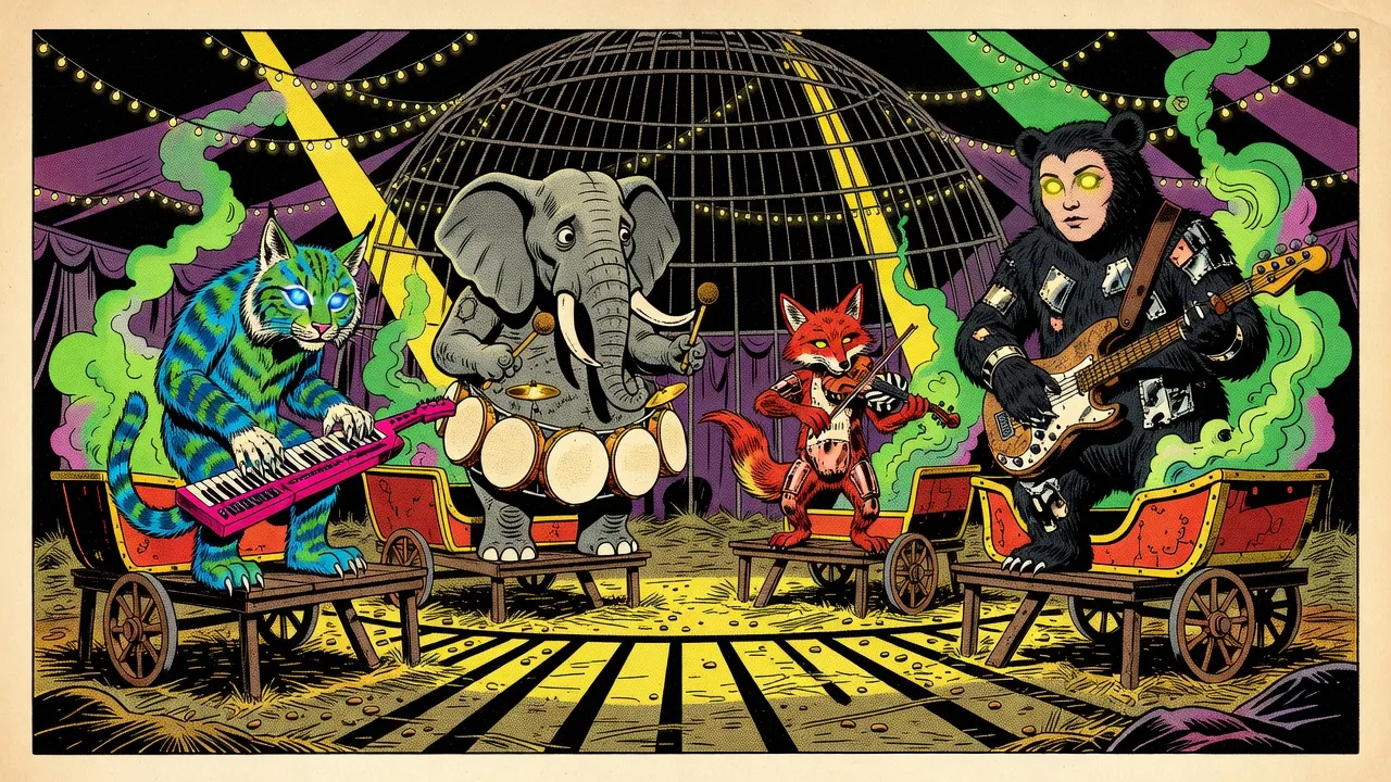Four nightmarish stitched animatronic animals, a blue lynx, a gray elephant, a red fox and a black bear with a woman’s face, play instruments on circus wagons under spotlights inside a caged circus tent.