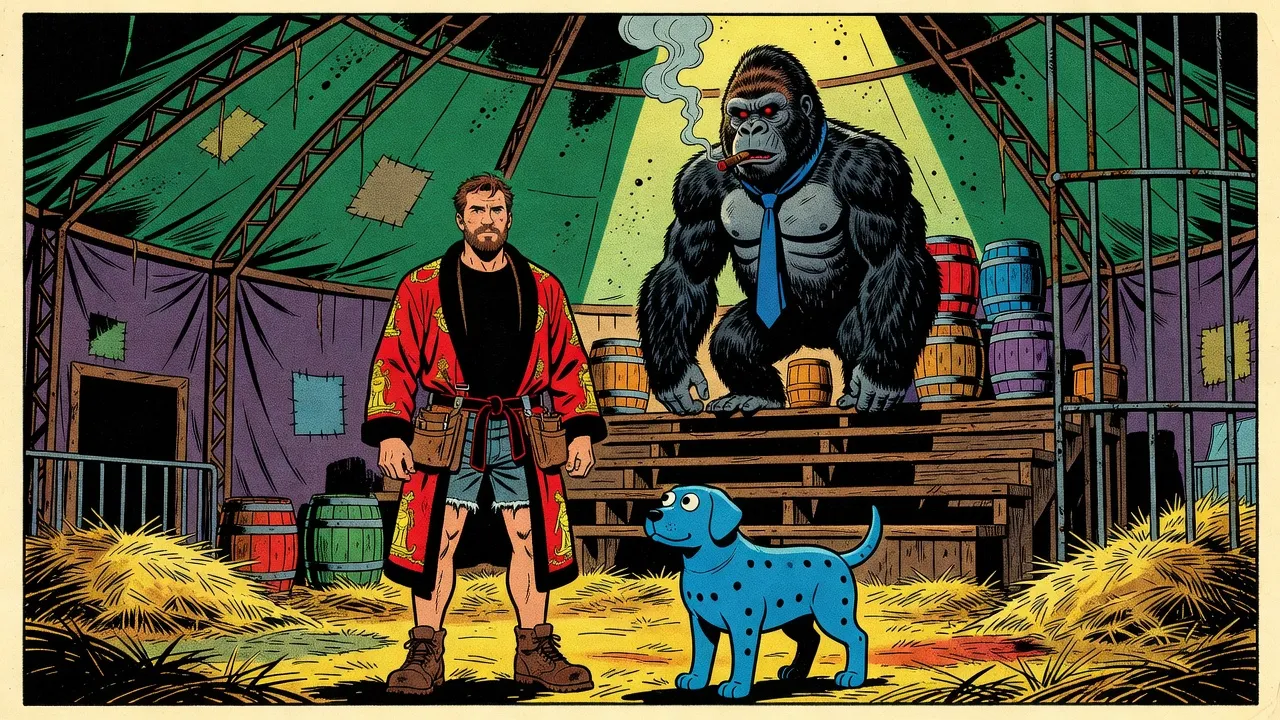 An eight-foot gorilla in an electric-blue necktie with a fat cigar stands in a spotlight atop stadium seats beside a stack of coloured barrels, as a bearded man in a red bathrobe and a blue rubber dog look up at him from below.