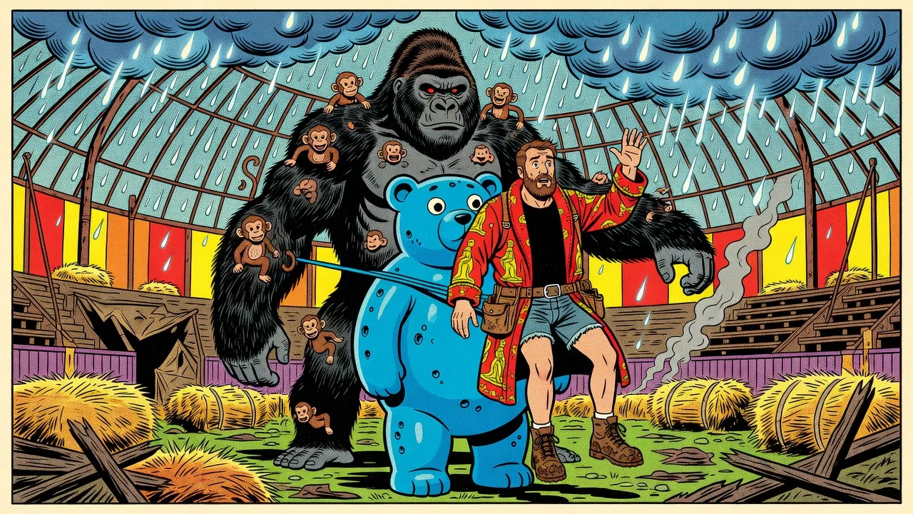 A blue rubber bear with googly eyes stands before a huge gorilla studded with small monkeys under glowing blue rain, a bearded man in a red bathrobe slung beside it by a rubber strap with one hand raised.