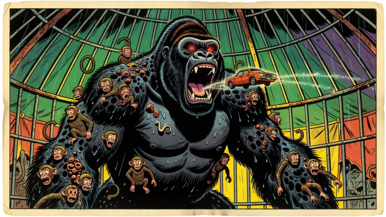A tiny orange toy car glints in the air as it flies toward the gaping, roaring mouth of a colossal gorilla under a steel cage dome.