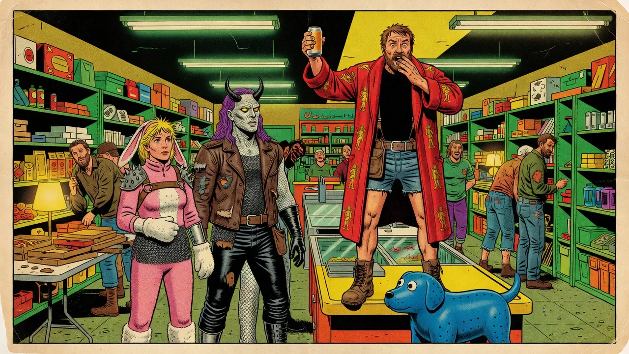 A bearded man in a red bathrobe stands on a store’s checkout counter raising a can of beer to a crowd, as a blue rubber dog wags below and a woman in a pink bunny suit and a scaled man look on.