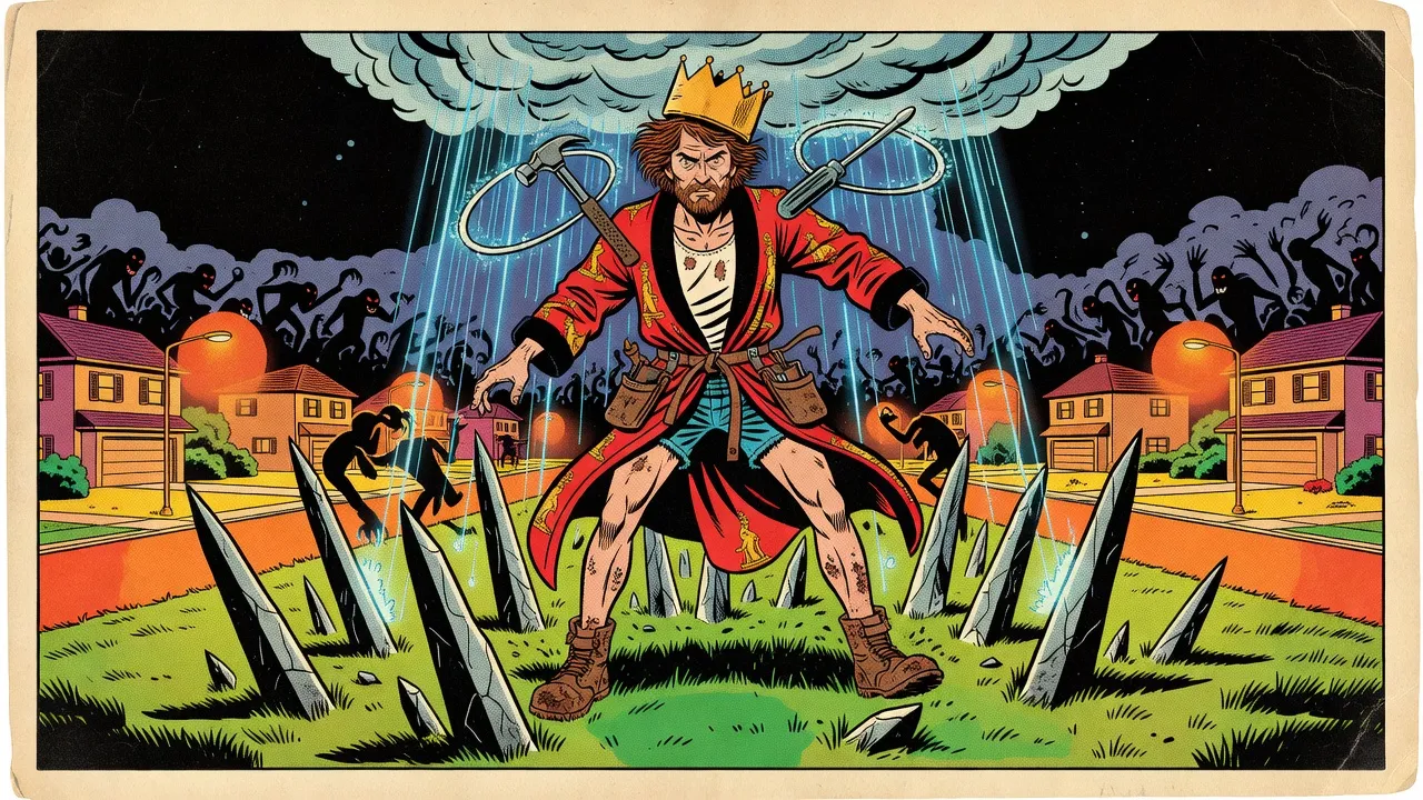 A bearded man in a red bathrobe and a paper crown stands among jagged stone spikes on a suburban lawn at night, a hammer and a screwdriver circling him, blue rain pouring from a storm cloud above him and a wave of monsters in silhouette behind.