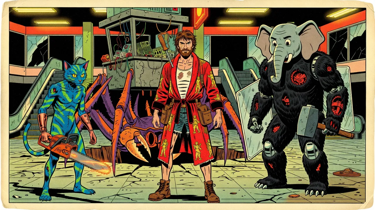A mall kiosk rises on huge purple-and-orange spider legs over a bearded man in a red bathrobe, flanked by a stitched blue cat creature with a chainsaw hand and a robot bear with an elephant’s head.
