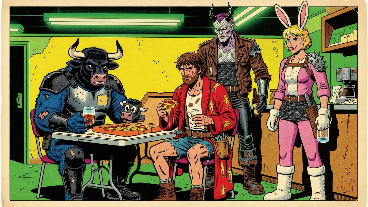Around a folding table in a staff lounge, a man with the real head of a black bull sits beside his own cartoon bull mask, facing a bearded man in a red bathrobe, while a scaled, horned man and a woman in a pink bunny suit look on.