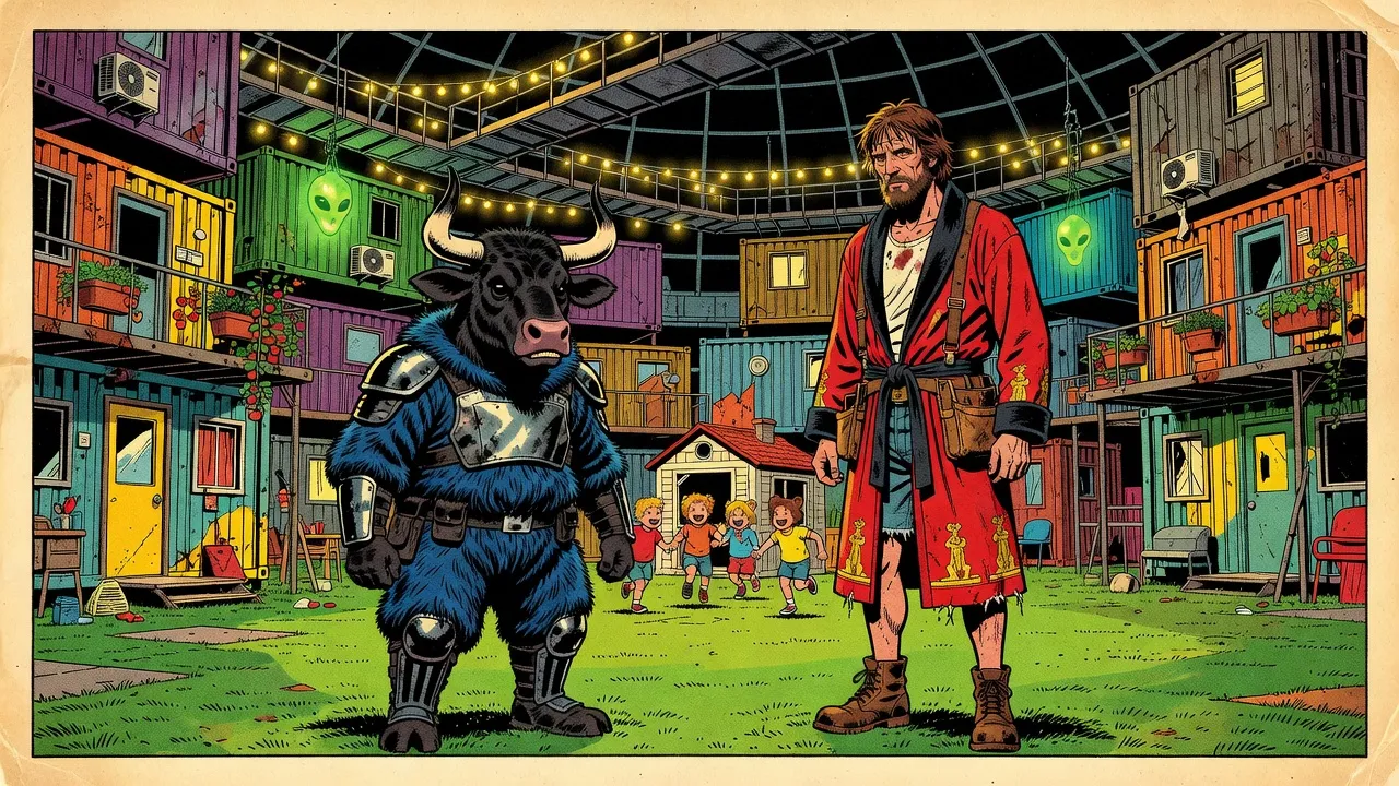 A bull-headed man in riot gear and a bearded man in a red bathrobe stand at the edge of a patch of fake grass where children play around a plastic playhouse, stacked shipping containers and catwalks rising behind.