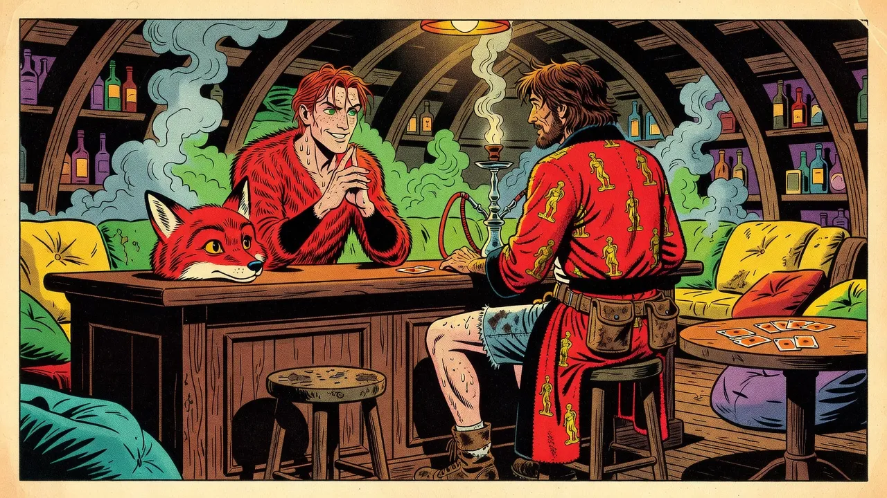 Behind a polished wooden bar in a smoky ship’s hold, a freckled, red-haired man in a crimson fox costume has set the fox head down on the counter and steeples his fingers.