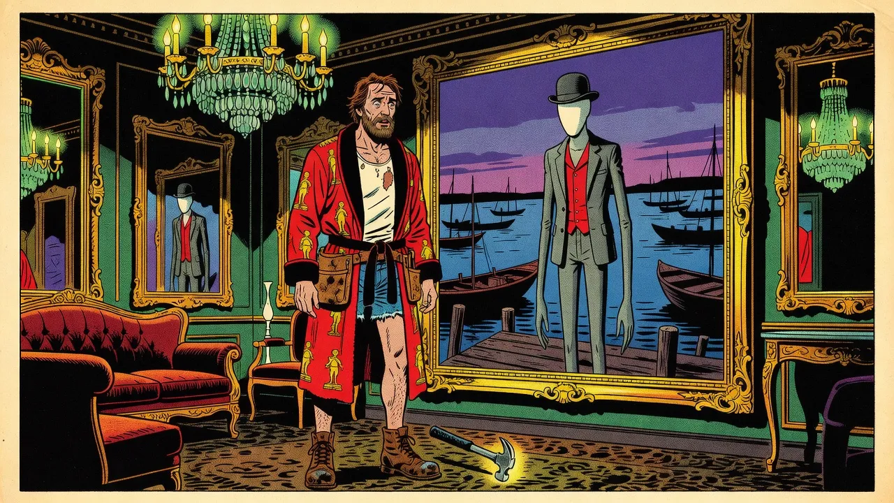 In a lavish hotel suite, a bearded man in a red bathrobe stands frozen before a gilt-framed painting of a twilight harbour, from whose dock a thin gray figure in a bowler hat stares back at him.