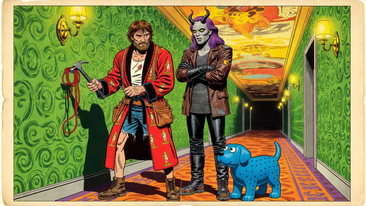 In an ornate hotel corridor, a bearded man in a red bathrobe holds up a hammer hung with loops of red yarn while a pale-scaled, horned man with violet hair stands with folded arms and a blue rubber dog looks on.