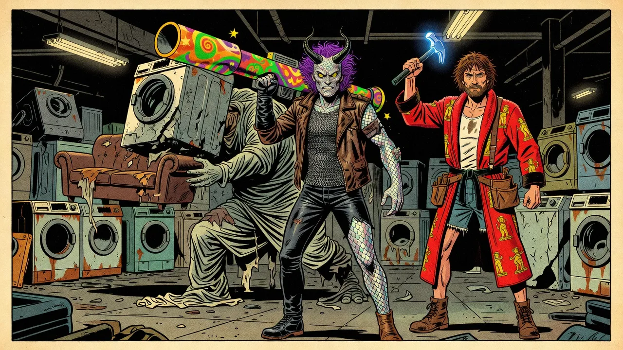 A fifteen-foot heap of crumpled gray laundry hurls a washing machine as a scaled, horned man fires a graffiti-covered bazooka that launches a leather loveseat through the air.