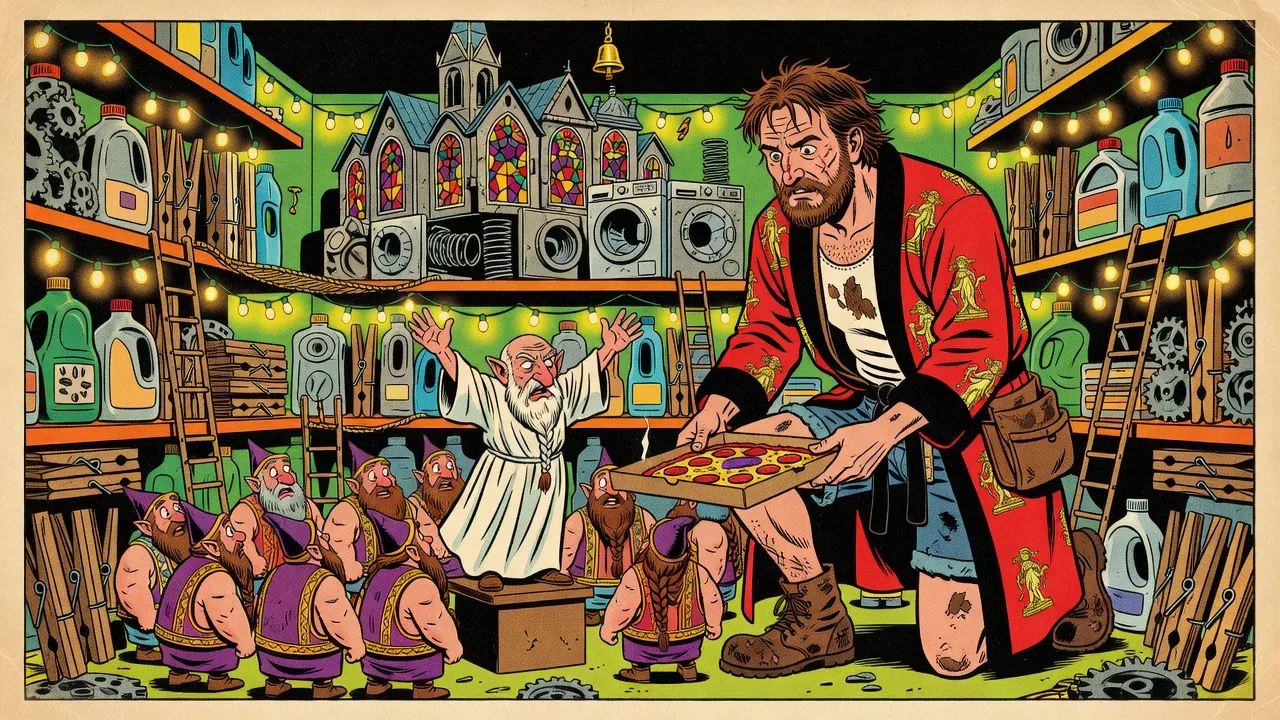 A bearded man in a red bathrobe crouches in a closet full of tiny houses made from detergent bottles and clothespins, strung with Christmas lights, setting down a pizza before a crowd of little bearded men in pointed hats.