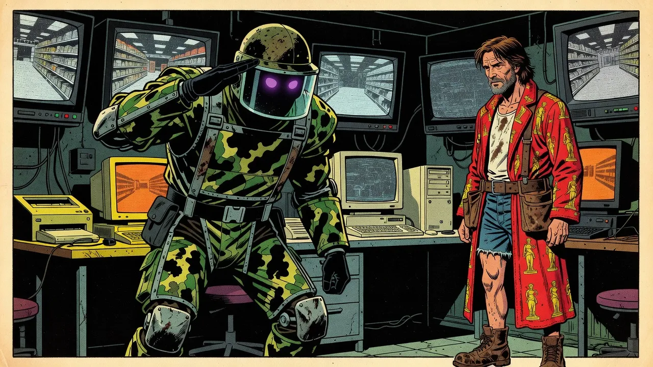 A hunched figure of camping gear and camouflage held together by black shadow, purple eyes glowing behind a riot visor, salutes in front of a wall of black-and-white security monitors.