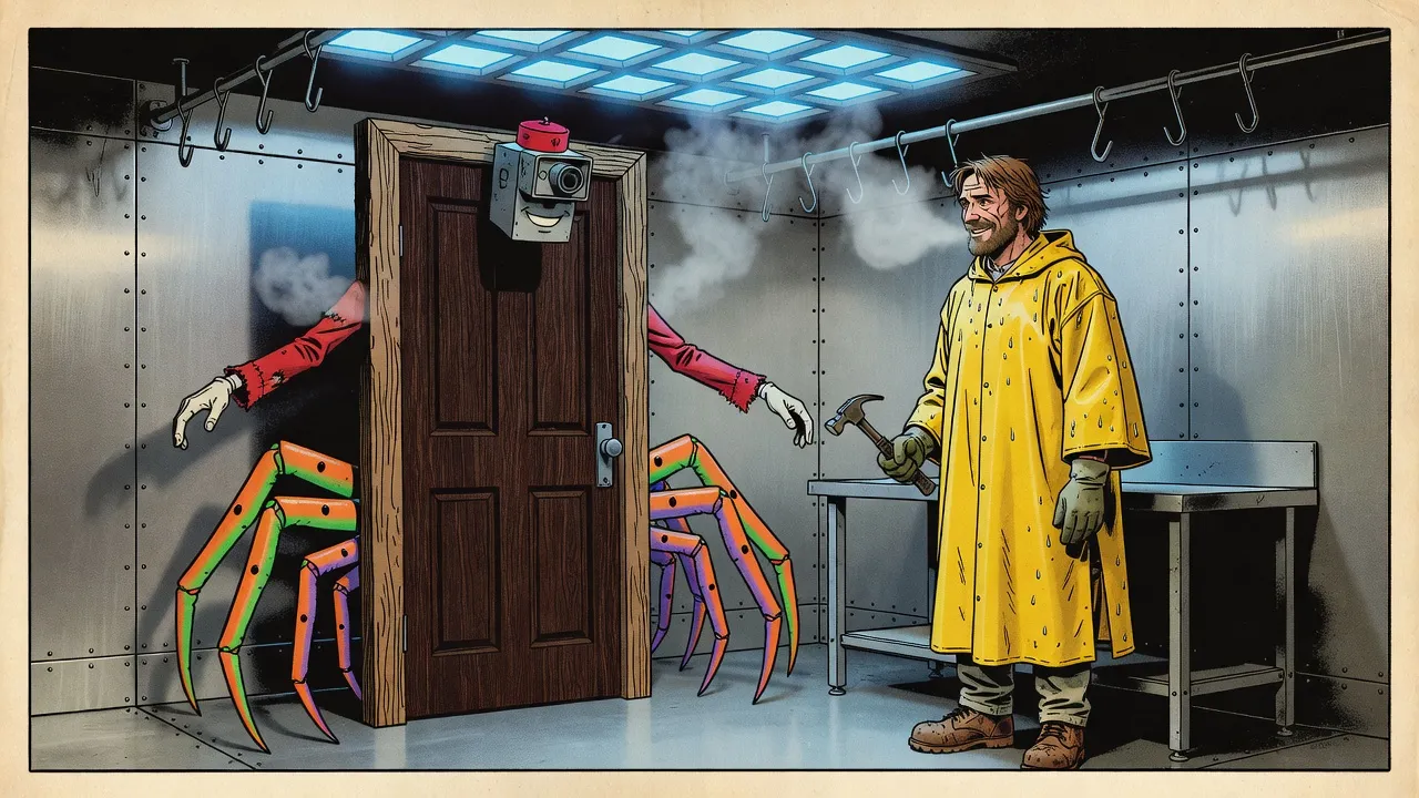 In a frosty walk-in freezer, a hotel door on six crab legs, with bellhop arms and a security camera for a face, stands under a glowing blue grid while a bearded man in a rain poncho looks up at it.