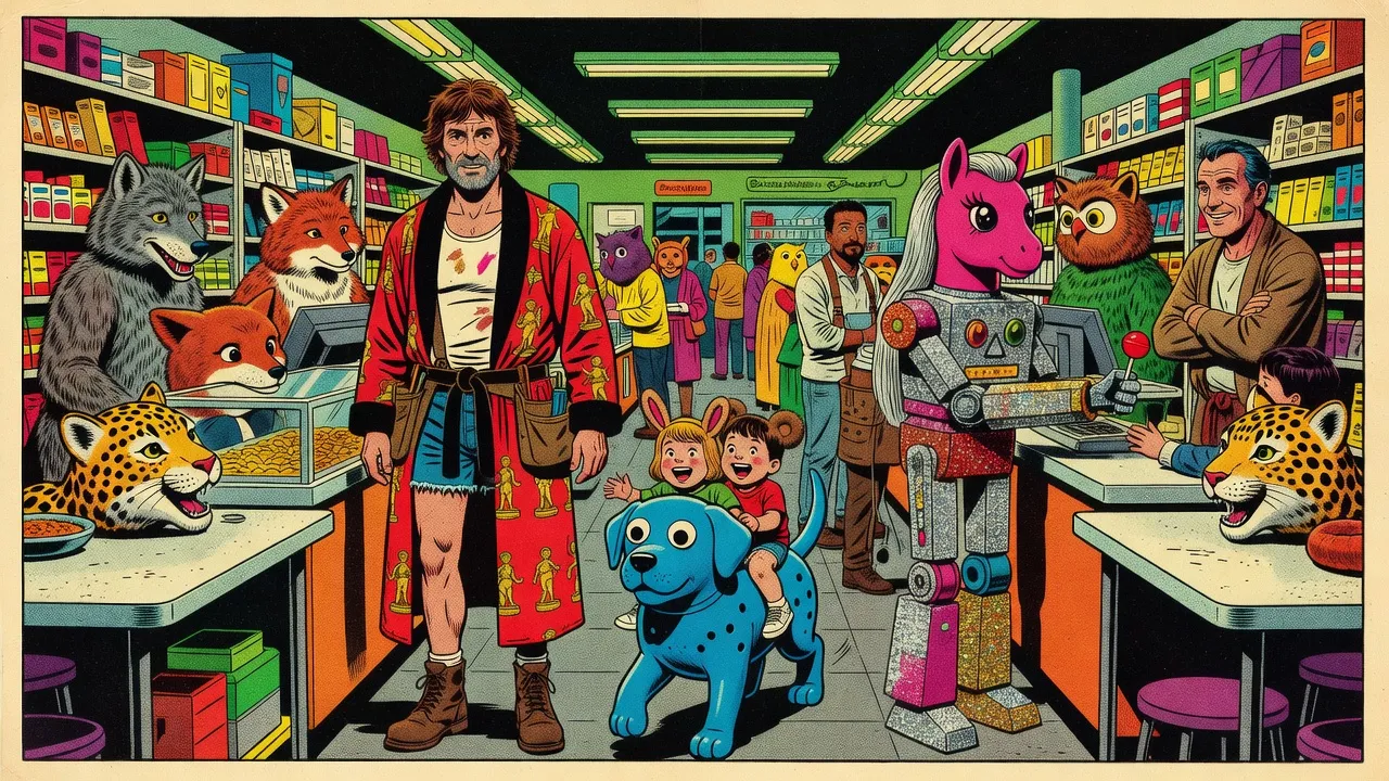 A crowded discount store full of people in animal costumes, their mascot heads set on tables, while laughing children ride a blue rubber dog down the aisle and a glittery toy robot with a pink pony head holds out a lollipop.