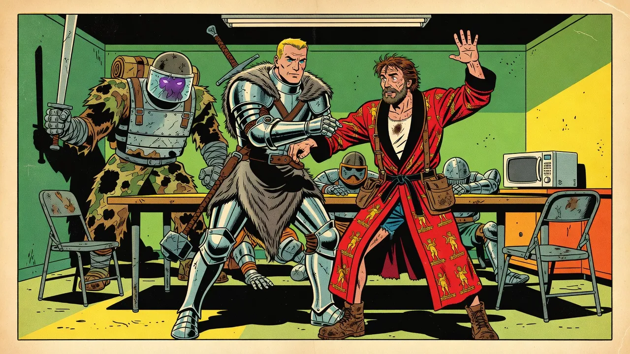 In a staff breakroom, a blond knight in silver plate and wolf furs stands frozen in a glare of white light, gripping the wrist of a bearded man in a red bathrobe who has drawn back his other hand to slap him.