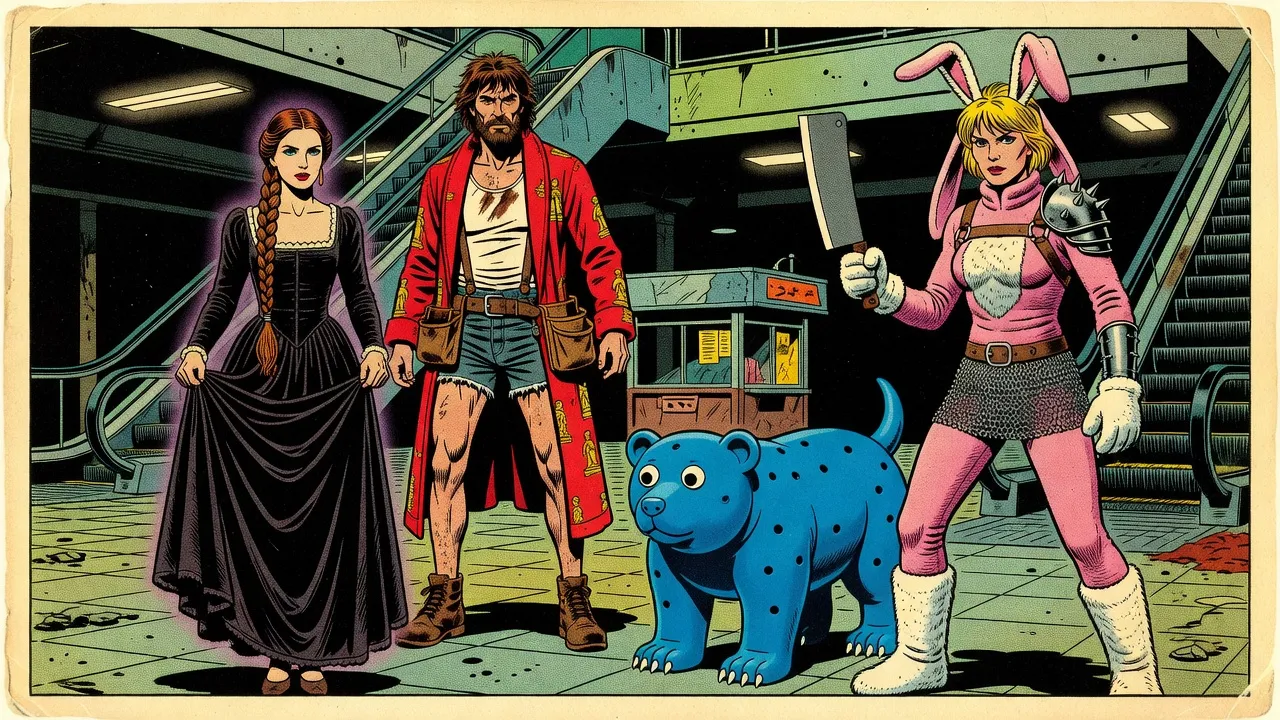 In a dead shopping mall, a calm young woman in a long Elizabethan gown gives a small curtsey as a woman in a pink bunny suit and a bear-sized blue rubber dog stand guard in front of a bearded man in a red bathrobe.