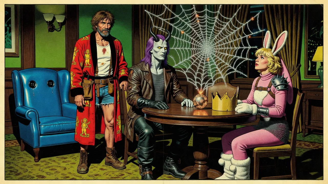 In a hotel suite, a glowing web of thousands of points of light floats above a round table holding an iron ball and a paper crown, where a scaled, horned man and a woman in pink bunny ears sit, while a blue wingback chair with black button eyes sheds a single tear beside a bearded man in a red bathrobe.