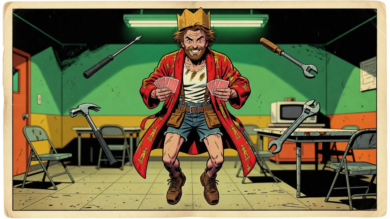 A bearded man in a red bathrobe and a yellow paper crown floats above a breakroom floor with fans of playing cards in his hands, a hammer, screwdriver and wrench circling him.