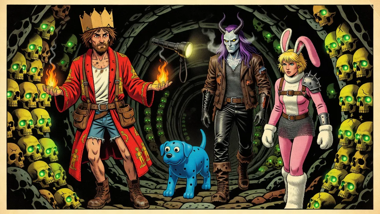 A bearded man in a red bathrobe and paper crown walks a spiralling tunnel walled with skulls whose eye sockets glow green, a flashlight floating ahead of him and a small flame in each palm, a blue rubber dog, a scaled horned man and a woman in a pink bunny suit following.
