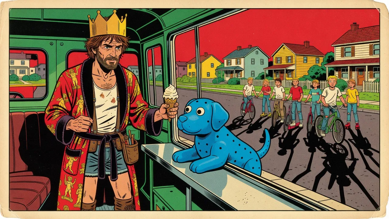 Seen from inside an ice cream truck, a bearded man in a paper crown hands a cone out of the serving window toward a silent line of children waiting on bicycles in a suburb under a deep red sky.