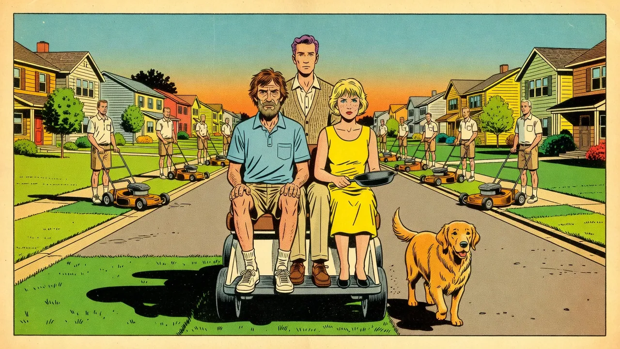 Under a blue evening sky, a bearded man in a golf shirt drives a golf cart carrying a man in a cardigan, a scowling woman in a yellow sundress gripping a skillet, and a golden retriever, past dads mowing identical lawns.