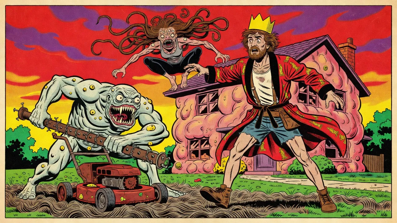 On a lawn of hair before a fleshy pink house, a gray, boil-covered monster behind a rusty lawnmower swings a long belt of nails at a bearded man in a paper crown and red robe, while a skeletal woman with tentacle hair crouches on the roof above him.